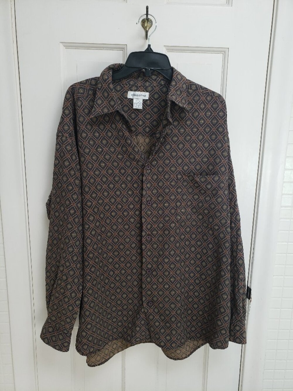Vintage Claiborne XL Rayon Shirt retro Geometric Print Long Sleeve Mens brown